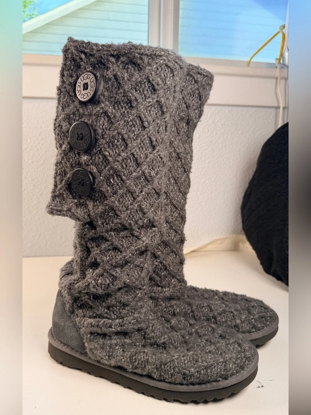 UGG Lattice Cardy Tall Knit Boots Charcoal Gray Womens Size 7